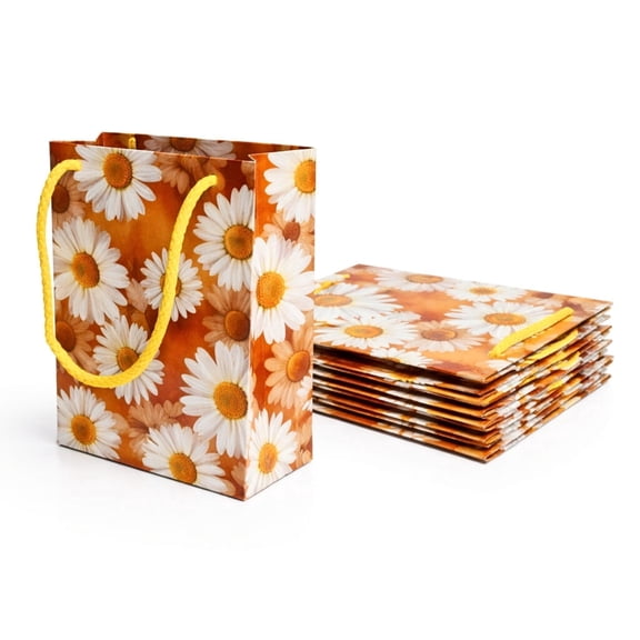 Orange Daisy Floral Gift Bag with Strong Rope Handles, Premium Paper Shopping Bag for Gifts, Retail Packaging, Parties and Events