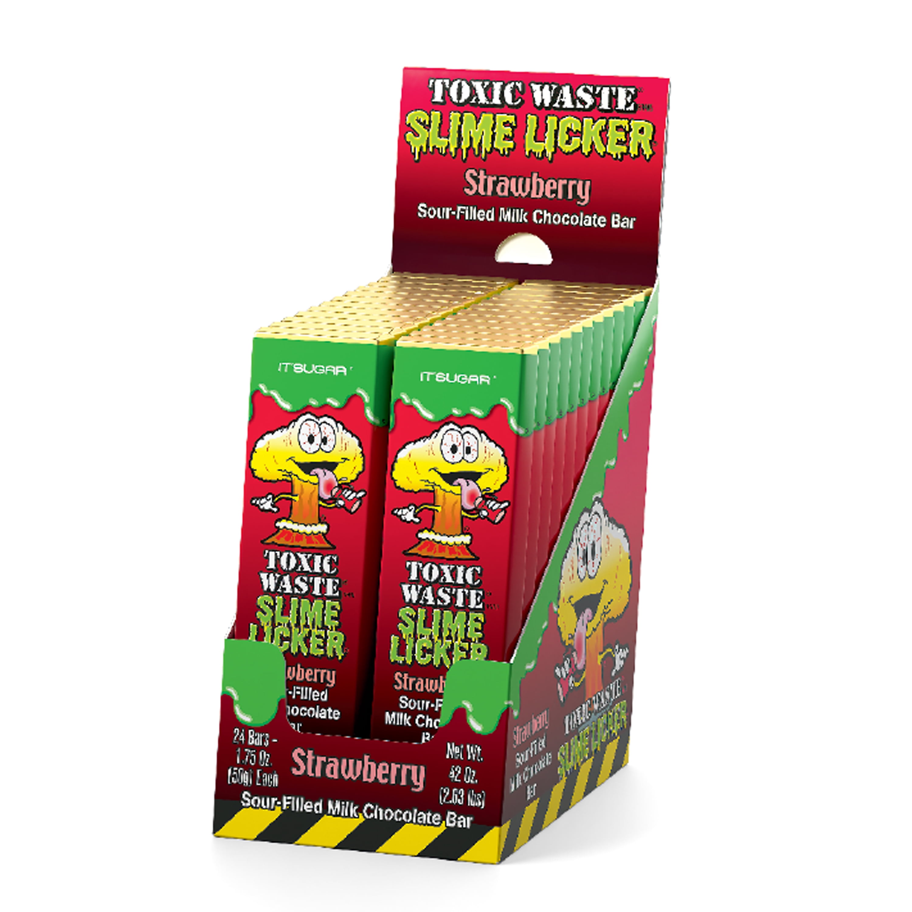 Toxic Waste Slime Licker Strawberry Chocolate Bar, Sour Candy, 1.75 oz., Contains: Milk & Soy. May Contain Wheat, Peanuts, & Tree Nuts.
