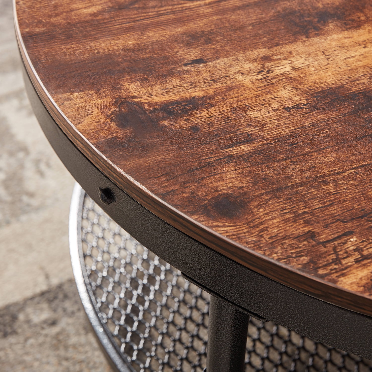 Kadyn 2-Tier Round Coffee Table, Particle Board Coffee Table with 3D Texture Metal Frame and Mesh, Modern Round Coffee Table for Living Room, Rustic Brown Kadyn 2-Tier Round Coffee Table, Particle Board Coffee Table with 3D Texture Metal Frame and Mesh, Modern Round Coffee Table for Living Room, Rustic Brown