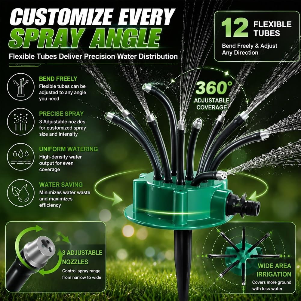 360° Coverage Precision Garden Irrigation Sprinkler, Rotating Water Saving Sprinkler with Spike Base