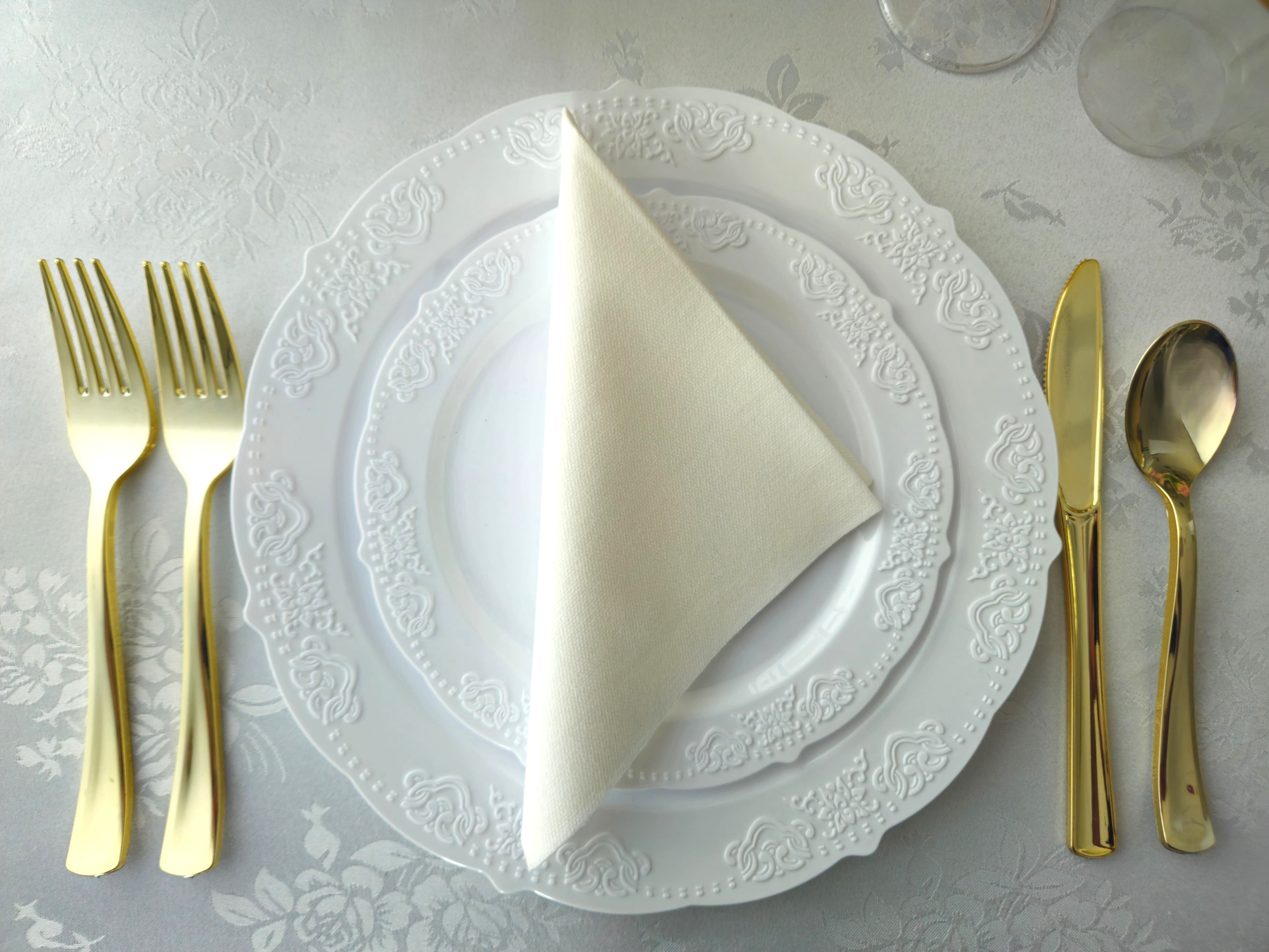 " OCCASIONS " 100 Plates Pack,(50 Guests) Vintage Wedding Party Disposable Plastic Plates Set -50x10.25'' Dinner + 50x7.5'' Salad/Dessert Plate (Portofino Plain White)