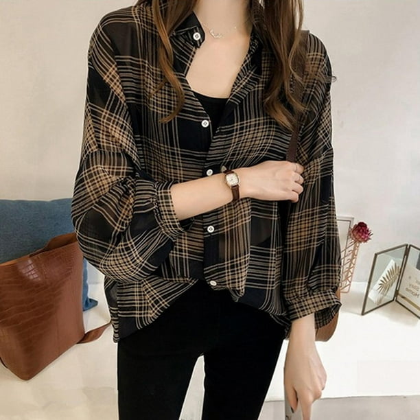 Women Casual Plaid Long Sleeve Loose Blouse Lady Tops Girls Casual Shirt