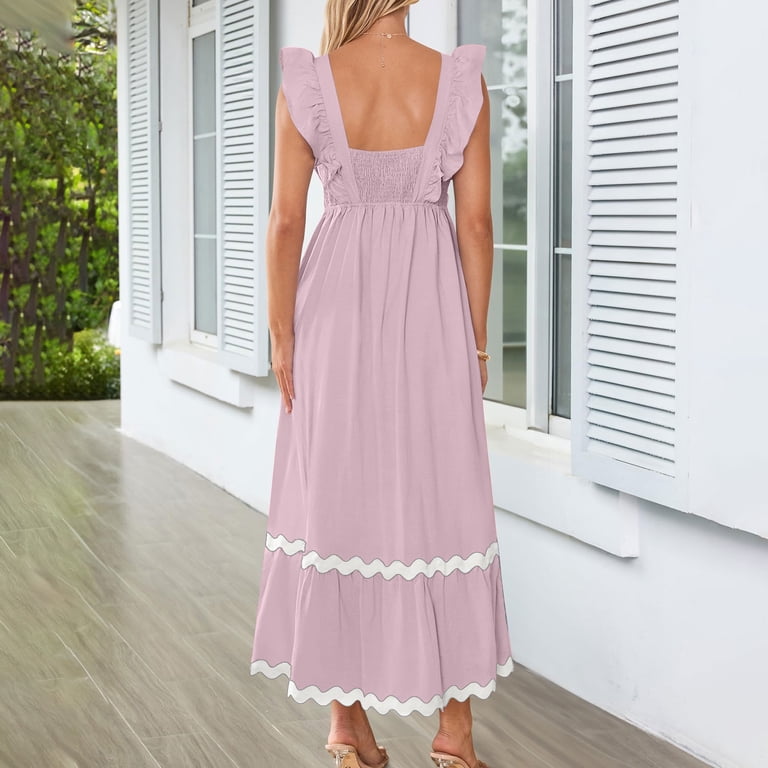 Dailytrove Women's Solid Color Square Neck Maxi Dress, Short Sleeve, Casual Garden & Brunch Wear, Lightweight Cotton Blend, Fit & Flare, Contrast Trim Dailytrove Women's Solid Color Square Neck Maxi Dress, Short Sleeve, Casual Garden & Brunch Wear, Lightweight Cotton Blend, Fit & Flare, Contrast Trim