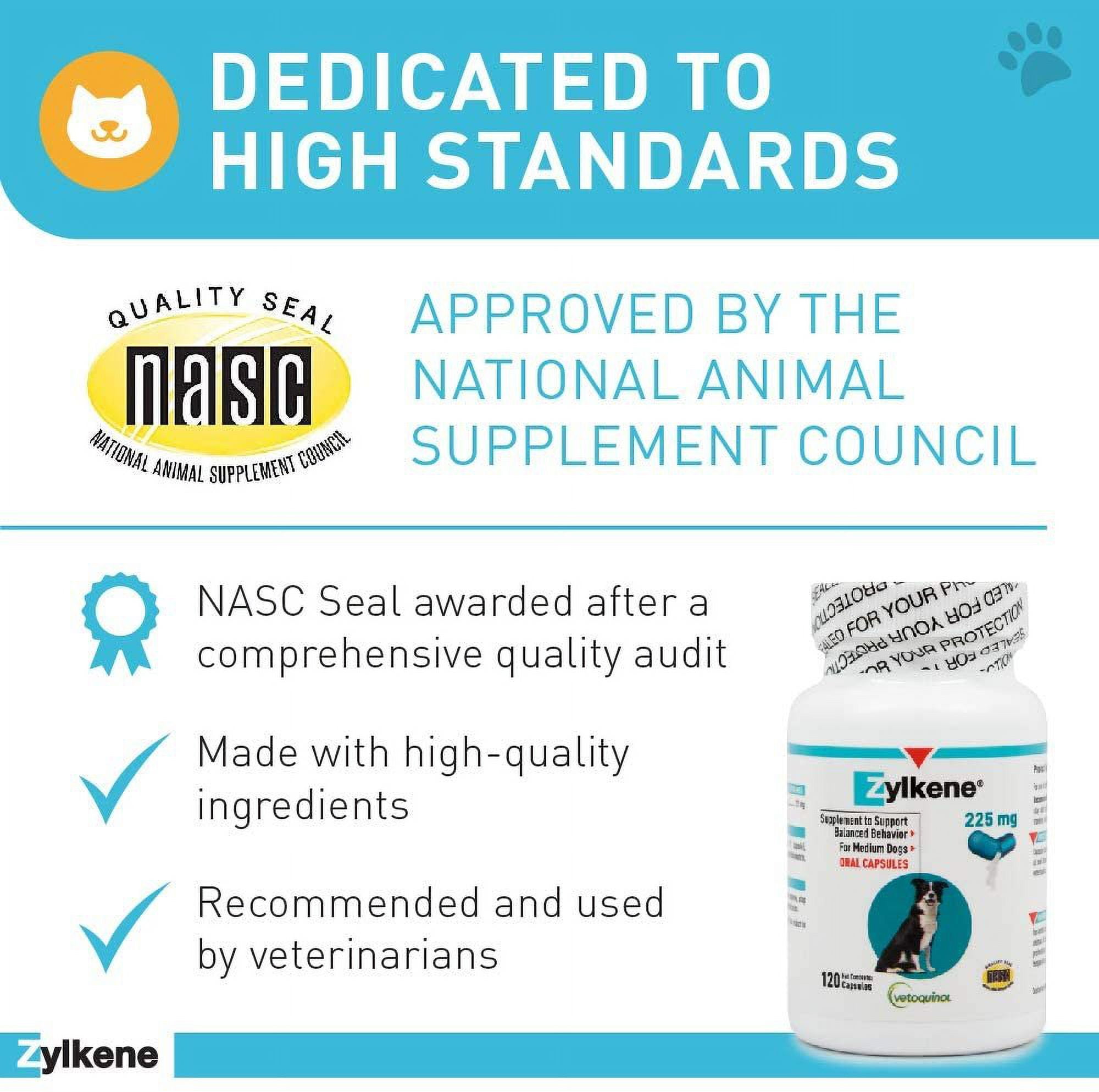 Vetoquinol Zylkene Calming Behavior Support Supplement, Helps Promote Relaxation and Reduce External Stress Factors, Daily Behavioral Support and Anxiety Relief, Dog or Cat, 22-65lbs, 225mg, 120ct