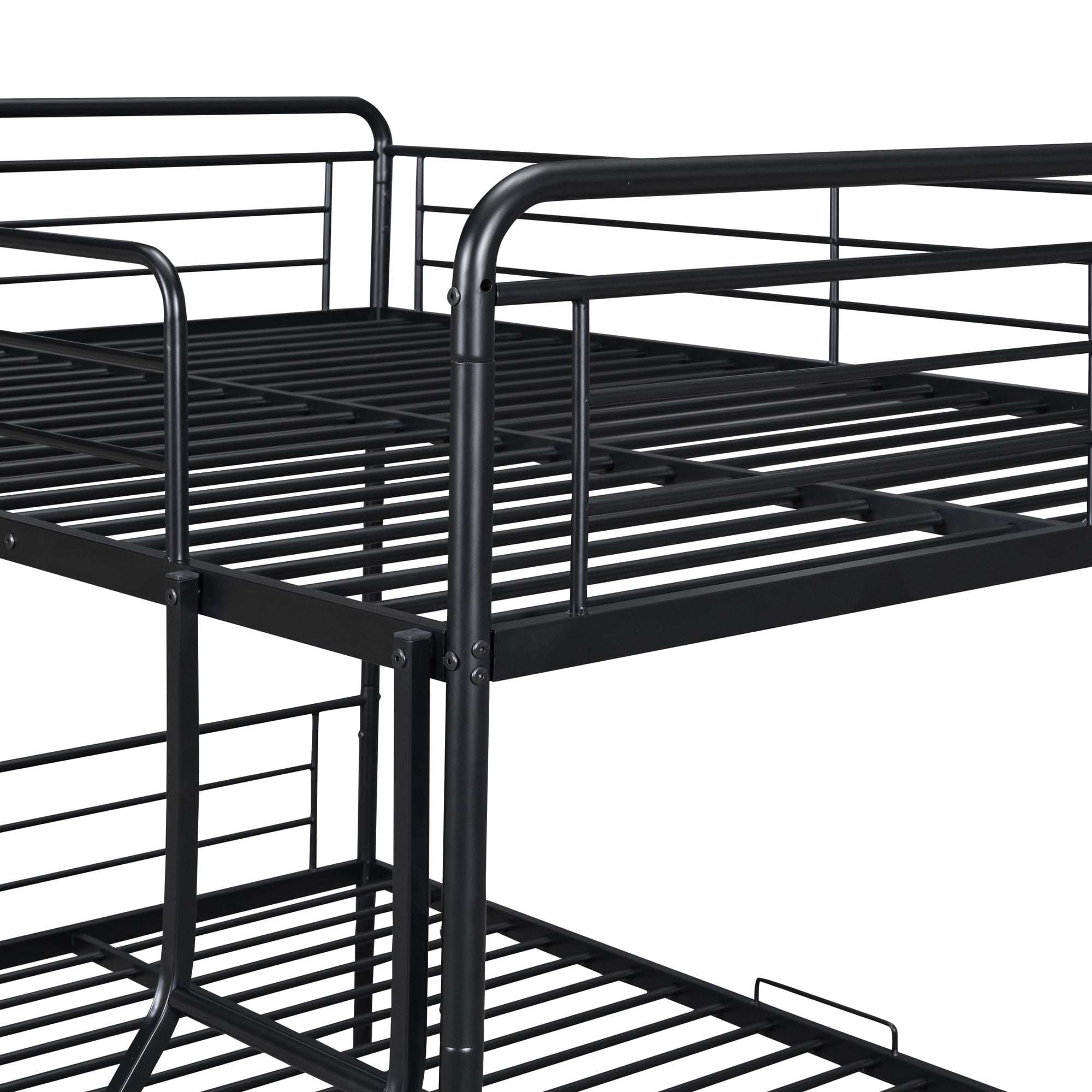 MAYEERTY Full XL Over Queen Metal Bunk Bed Frame with Twin Size Trundle for Kids and Adults, with Full-Length Guardrail, Black