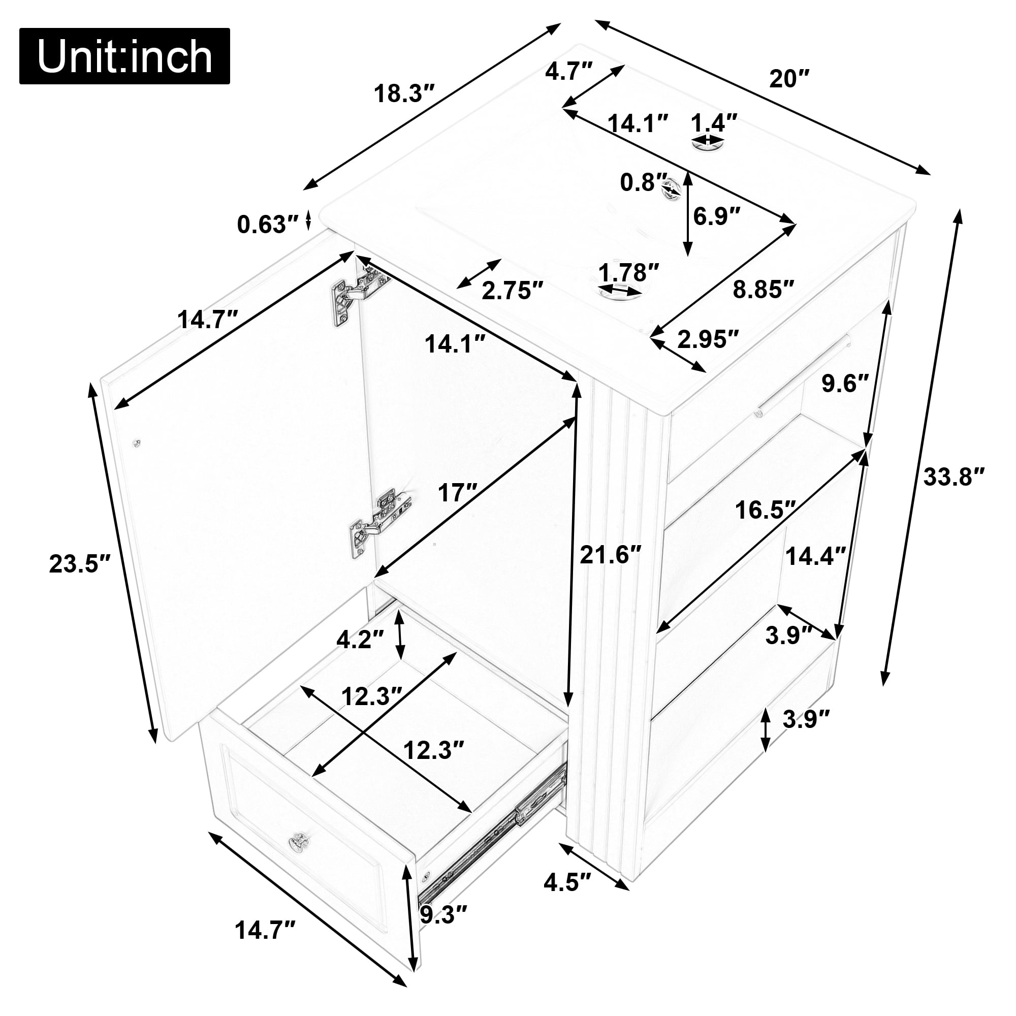 Harper & Bright Designs 20" Freestanding Bathroom Vanity with Ceramic Sink, Bathroom Sink Storage Cabinet with Right Storage Shelf for Small Bathroom, White