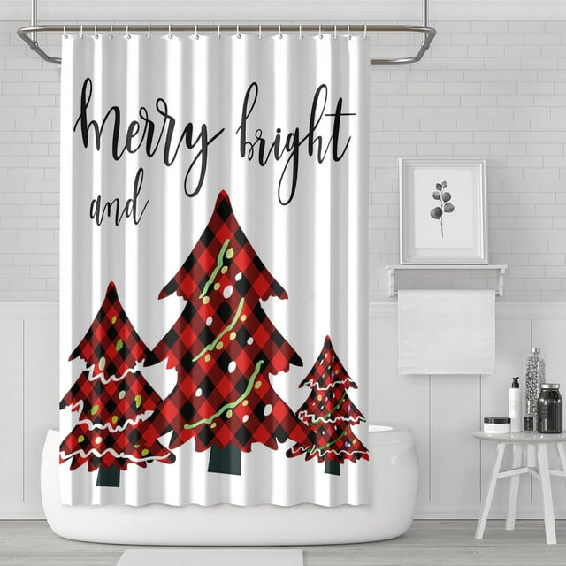 Rideaux de Douche Arbre de Noël Rouge, Rideau Réutilisable avec Crochets en Tissu Polyester Vintage pour Salle de Bain Baignoire Vacances d'Automne