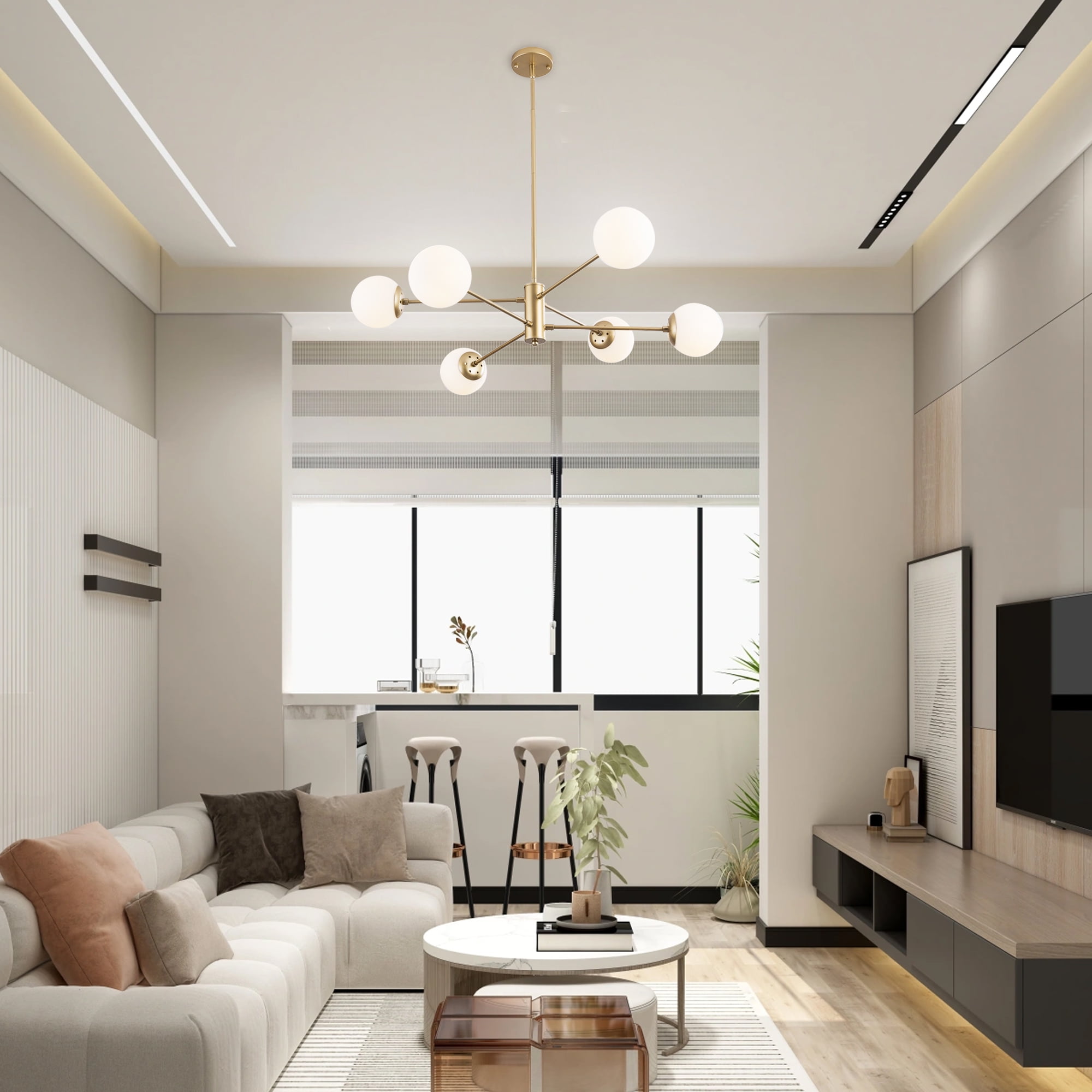 UHG 6-Light Sputnik Chandelier with Milk Glass Shades, Gold Flush Mount Ceiling Light Fixture for Living&Dining Room Bedroom, Modern Farmhouse Pendant Lighting for Kitchen Island Hallway