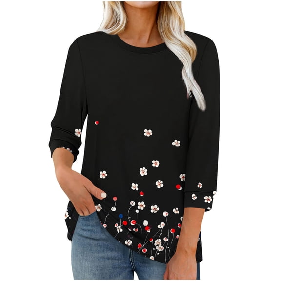 Jsaierl Womens 3/4 Sleeve Tops Casual Round Neck Shirts Boho Graphic Petite Blouses Workout Vacation Tunic Top S-2XL