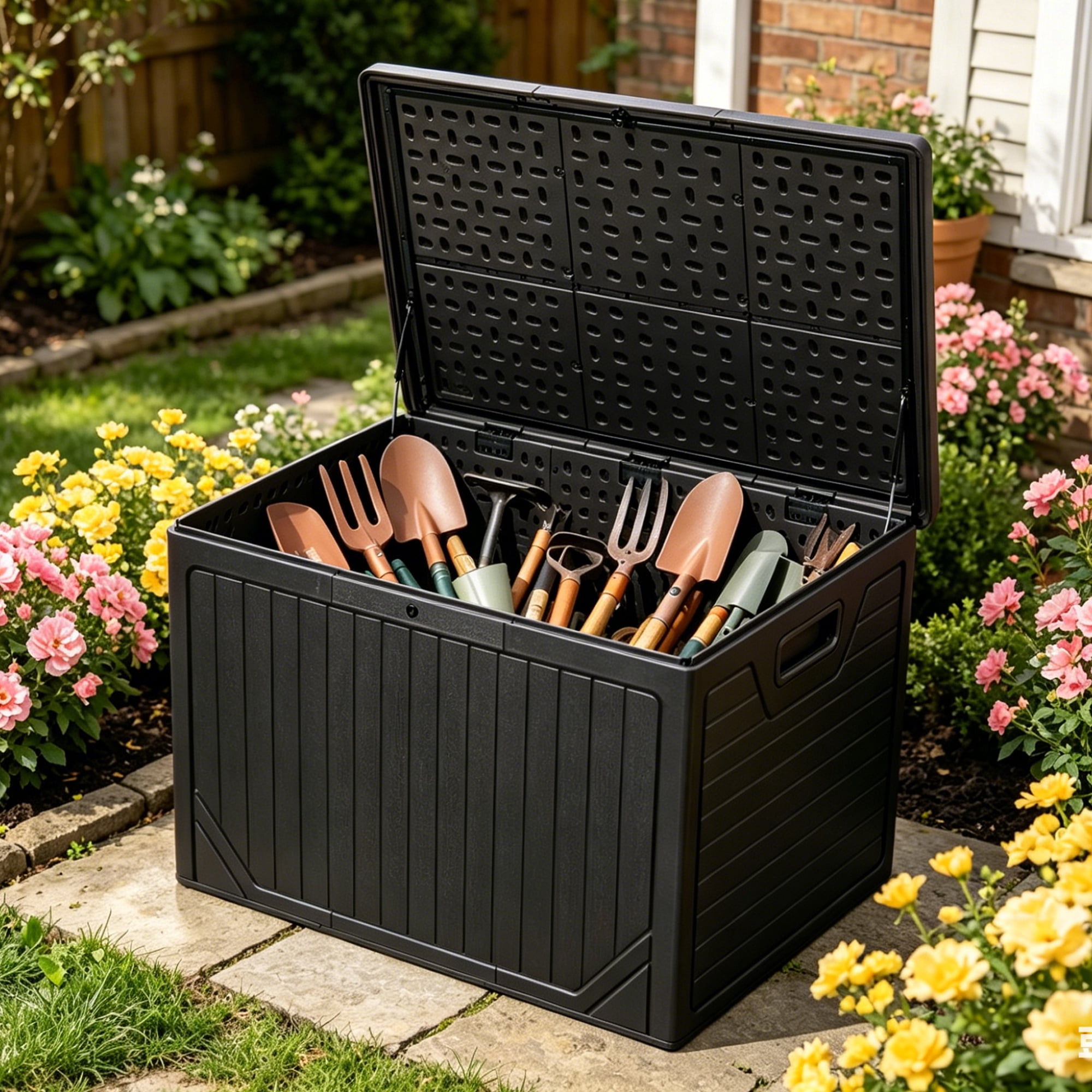Uforic 230 Gallon Extra Large Resin Deck Box, Lockable Waterproof Outdoor Storage Bin, Weatherproof Patio Container for Patio Cushions, Garden Tools and Pool Supplies, Black