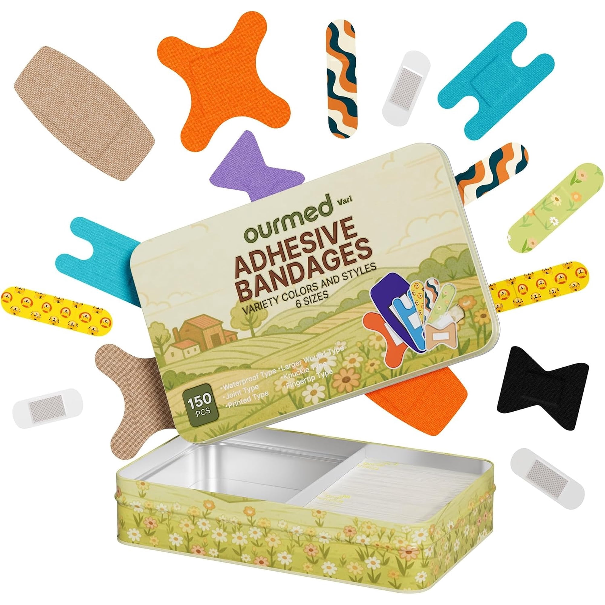 Ourmed Tin Box Flex Fabric Bandages, 150 Counts Family Pack, Assorted Size Multi Pattern Wound Care