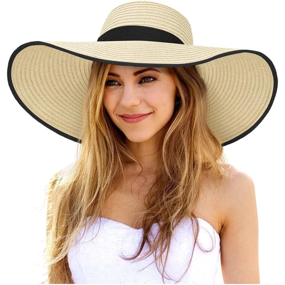 Kukuzhu Sun Hats for Women Oversize Wide Brim Straw Beach Hat Floppy Foldable Roll-Up Summer Vacation UPF 50 