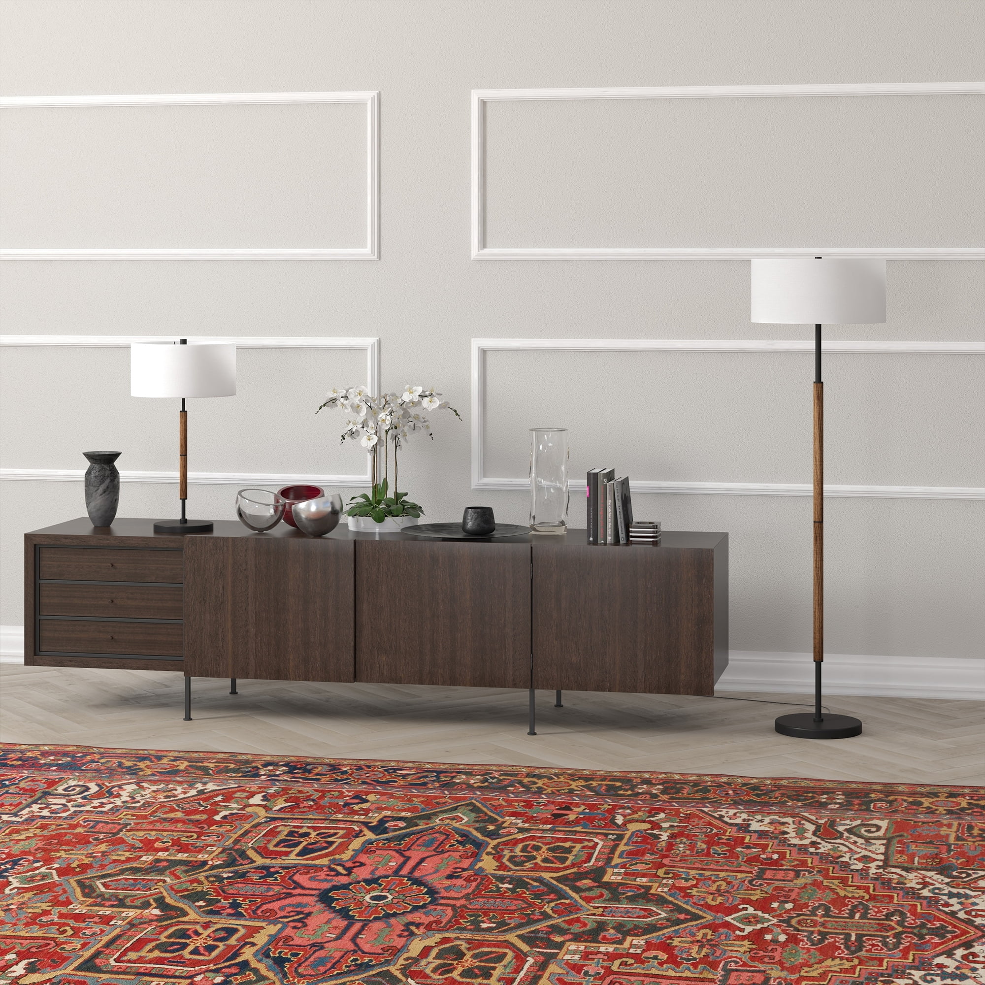Evelyn&Zoe Simone 2-Light Floor Lamp with Fabric Shade, Blackened Bronze/Rustic Oak/White