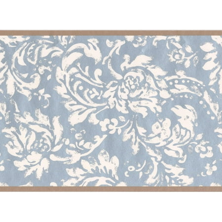 Modern White Floral Pattern Blue Damask Wallpaper Border Vintage Design, Roll 15' x