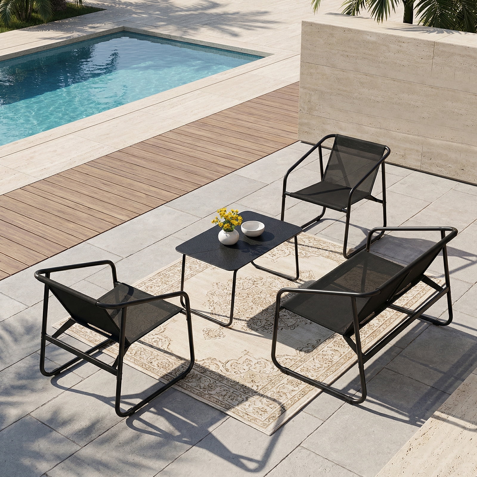 Simenmax 4-Piece Patio Furniture Set, Outdoor Bistro Conversation Set with Tempered Glass Coffee Table for Garden, Poolside, Balcony, Black