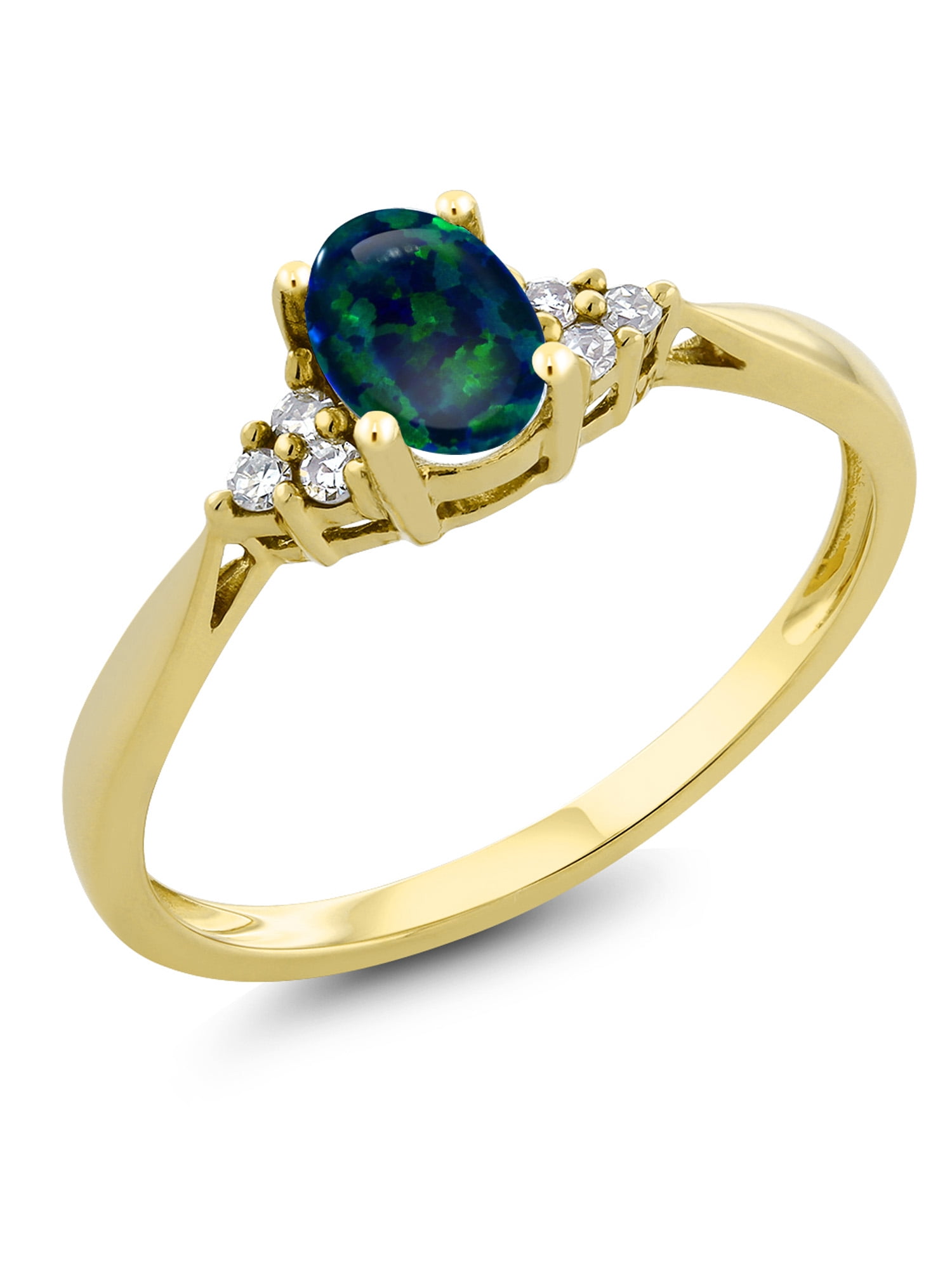 0.50 Ct Oval Cabochon Green Simulated Opal and Diamond 14K Yellow Gold Ring by