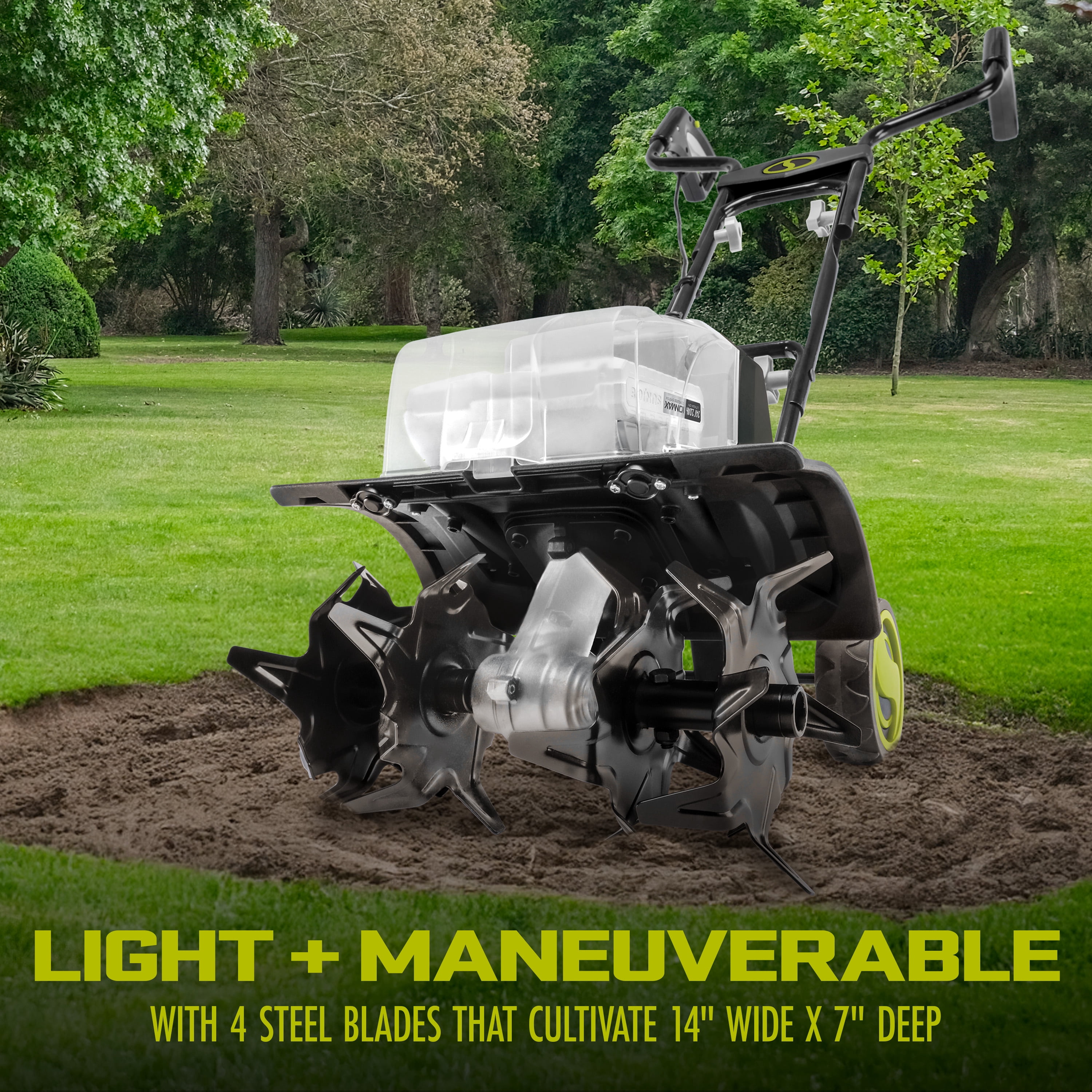 Sun Joe 48V Cordless Garden Tiller and Soil Cultivator, Battery Powered Tool, 14"W x 7"D