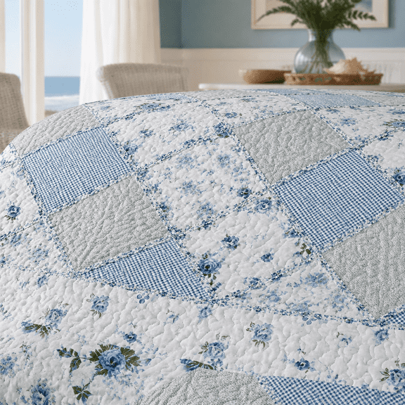 Blue Flpatchwork Quilt Set Full Queen Size 3 Piece Bedding With 2owcases