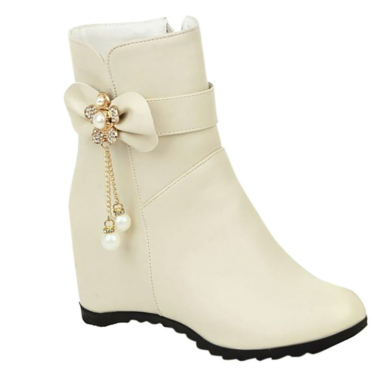 hopeusnice Women's Ankle Boots Wedge Heel Zipper Closure Bowknot