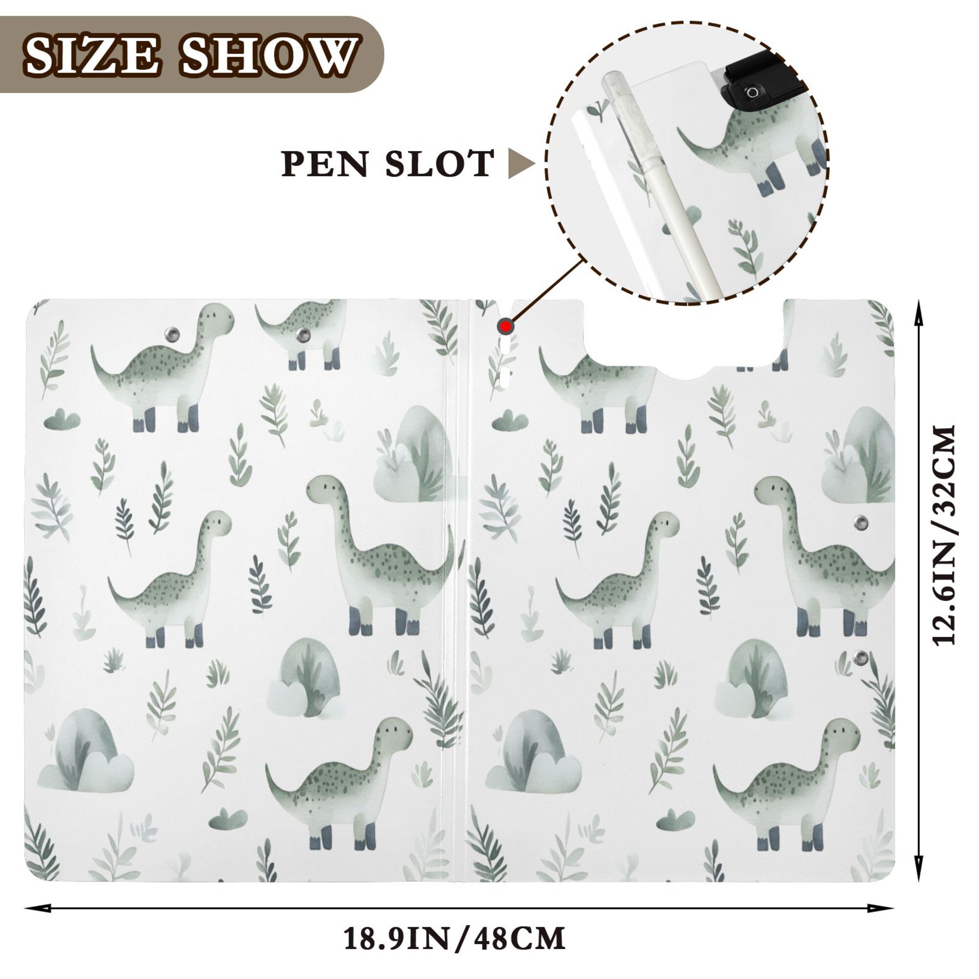 FORMRS A4 Clipboard Folder with Pen Holder Horizontal Foldable School Office Binder, Green Dinosaur Pattern
