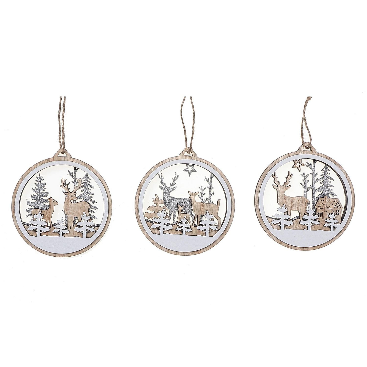 Wooden Round Scenic Ornament - Set of 12