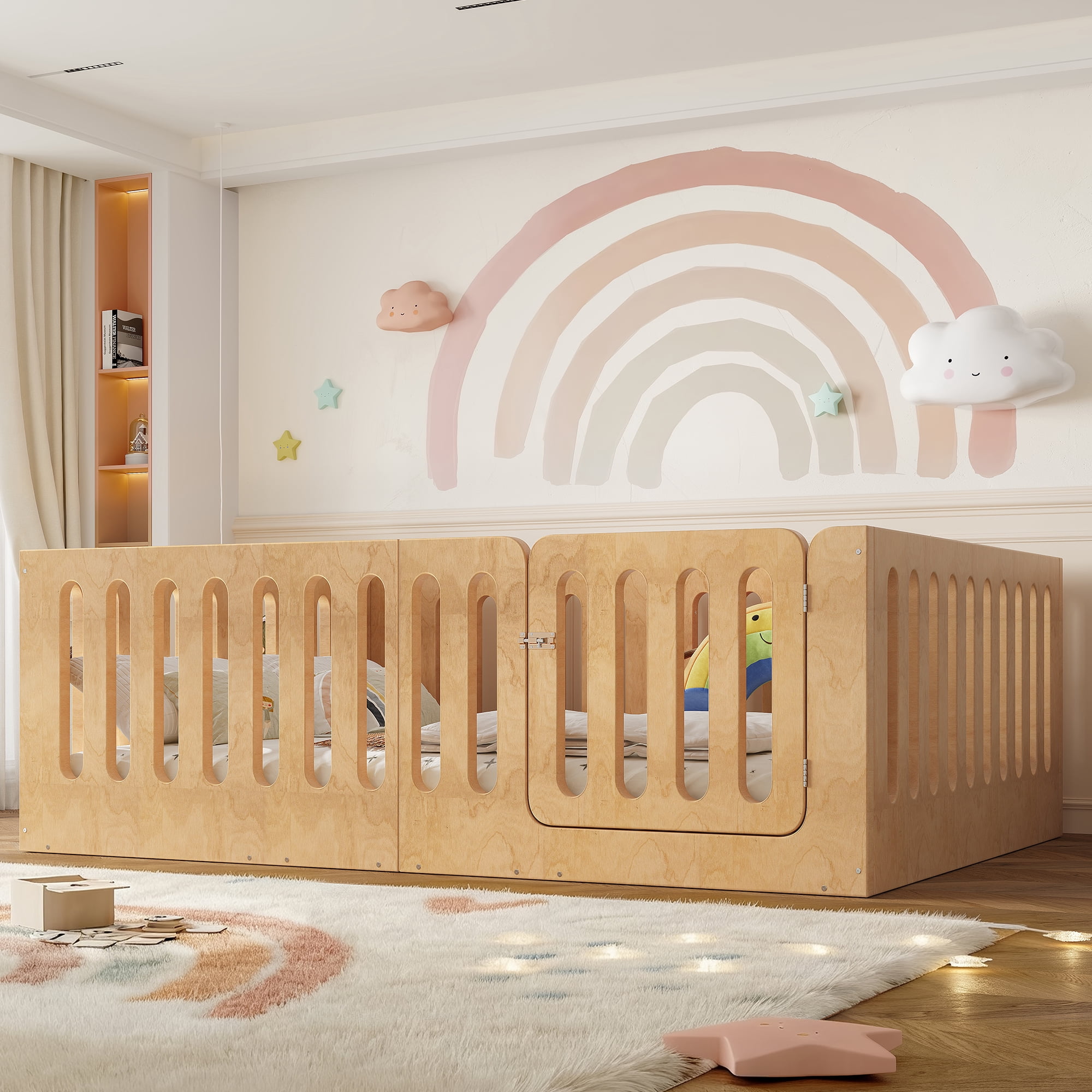 Floor Bed with Safety Rails and Door, Full Solid Wood Platform Bed and Montessori Style Bed Frame for Bedroom, Natural