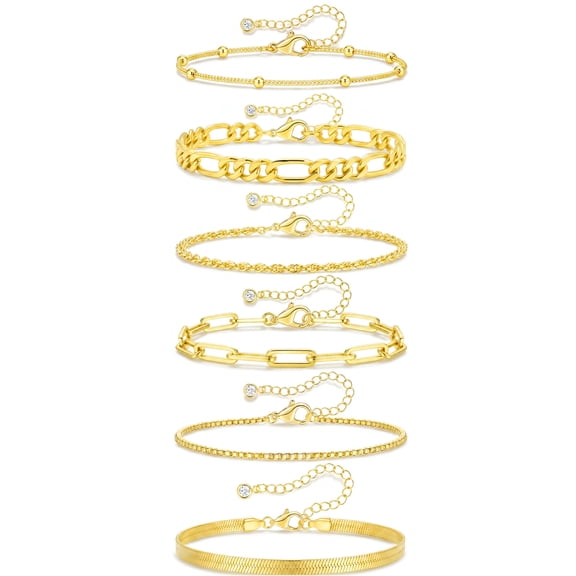 APSVO 6 Pcs 18K Gold Plated Bracelets for Women Box Satellite Figaro Paperclip Herringbone Rope Stackable Bracelet Set Birthday Graduation Mothers Day Jewelry Gifts Teen Her Mom Wife Ideas