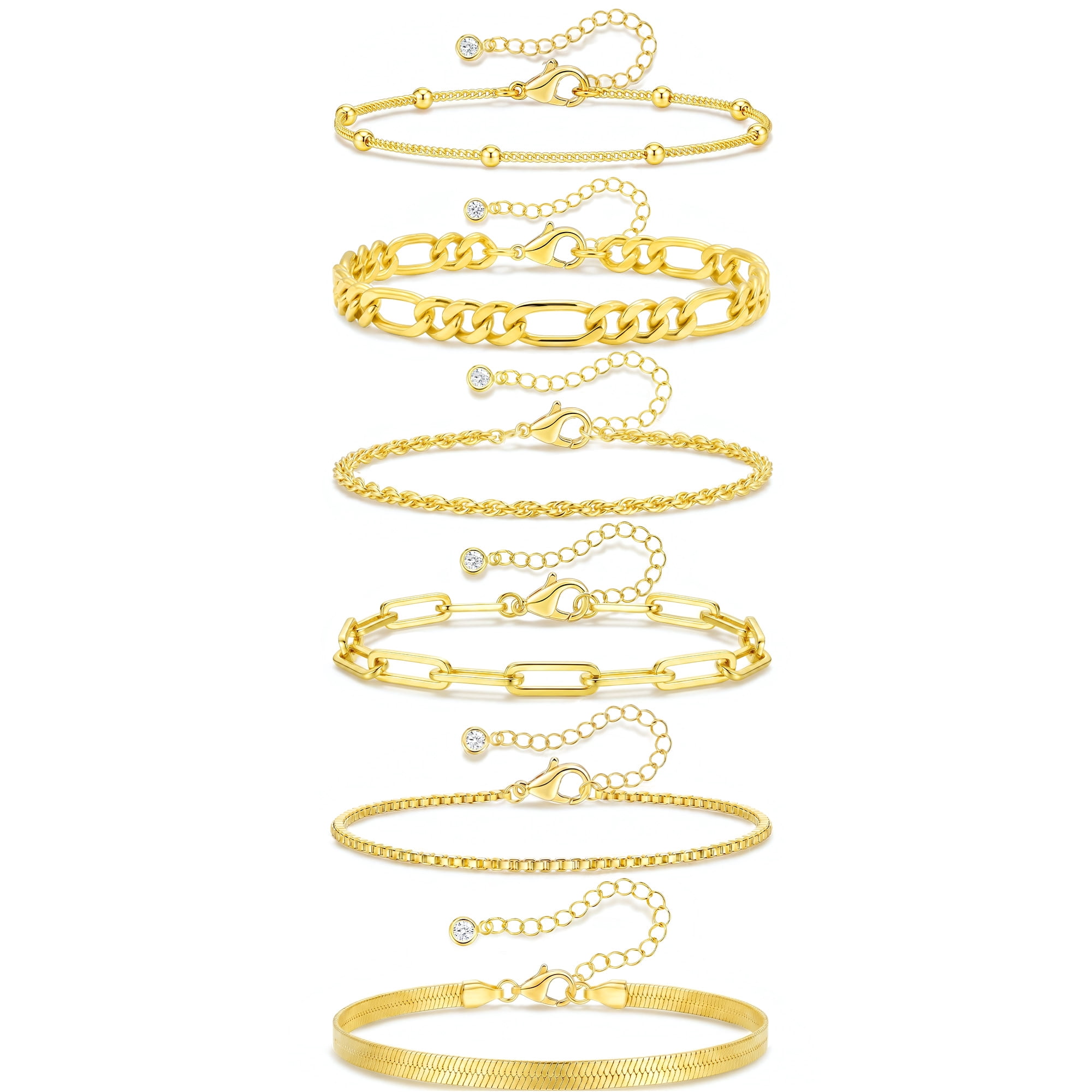 APSVO 6 Pcs 18K Gold Plated Bracelets for Women Box Satellite Figaro Paperclip Herringbone Rope Stackable Bracelet Set Birthday Graduation Mothers Day Jewelry Gifts Teen Her Mom Wife Ideas