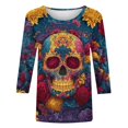 thumbnail image 4 of Xdegoge Womens Sugar Skull Graphic Tees Long Sleeve Crewneck Casual Tops Day Of The Dead Print Loose Fit Shirts Fall Festival Holiday Novelty Blouses, 4 of 5