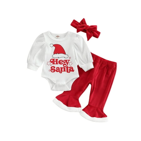 

xingqing 0-3 Months Christmas Toddler Baby Girls Pants Set Long Sleeve Santa Letter Printed Bodysuit Flare Trouser Headband White Santa Hat 0-3 Months