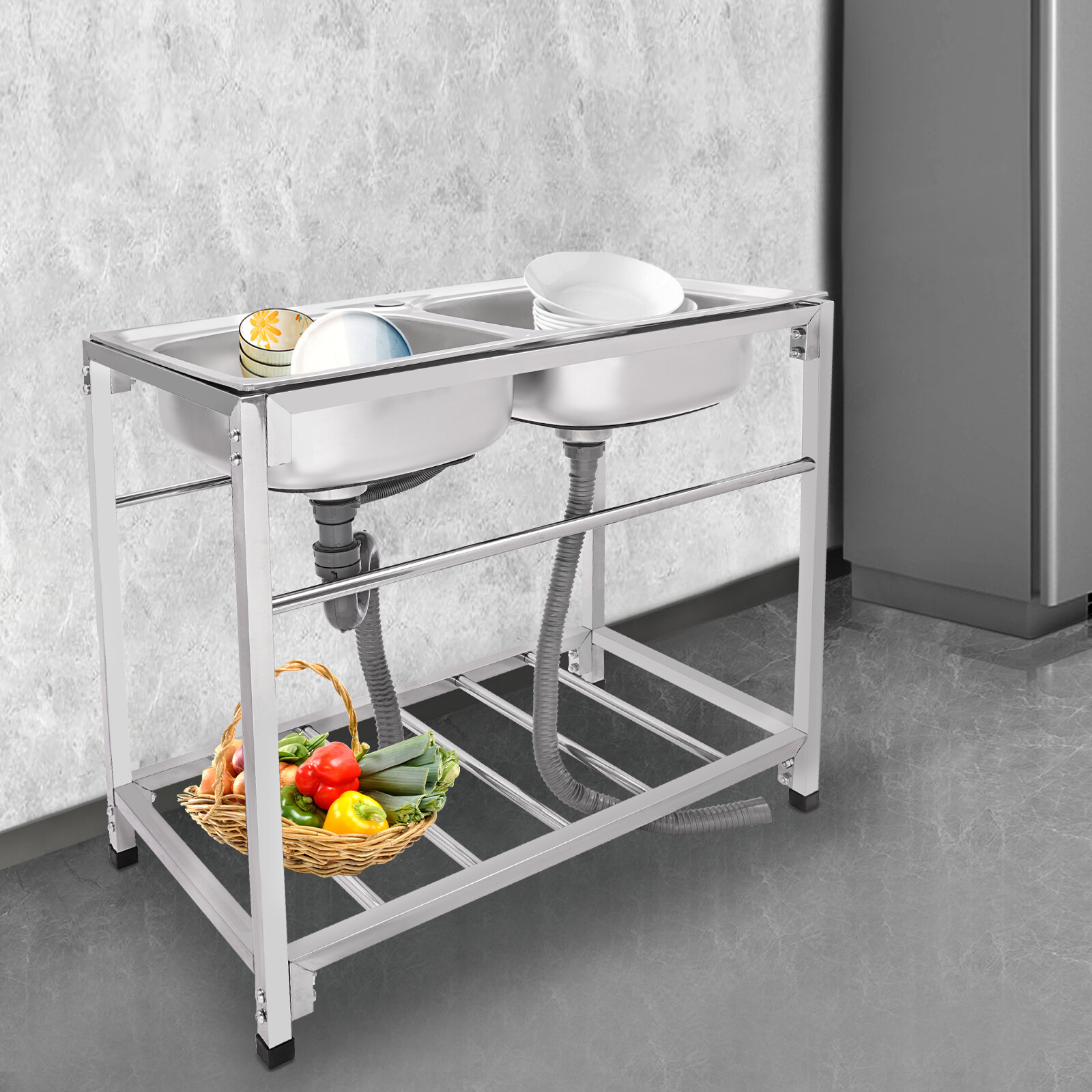 Commercial Stainless Steel Sink, Kitchen Freestanding Double Bowl Utility Sink Silver 32.7*17.3*30.3in for Stores, Garages, Utility Rooms, Kitchens