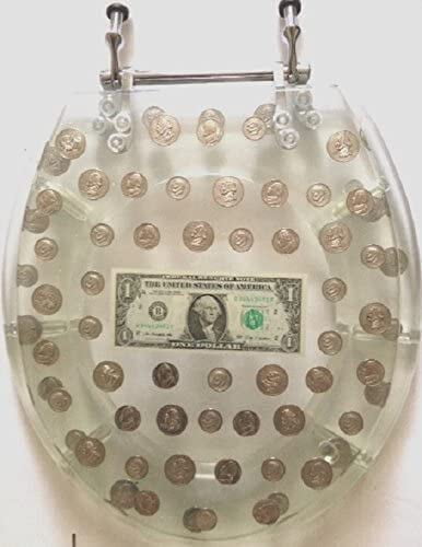 RESIN TOILET SEAT BIG MONEY DOLLAR, COINS, STANDARD ROUND CHROME HINGE