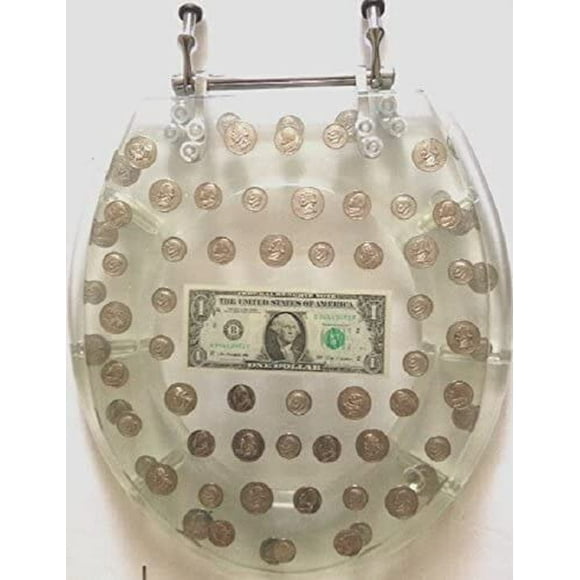 Coins and Dollar Bill Resin Money Toilet Seat, Standard Size Round with Chrome Hinges