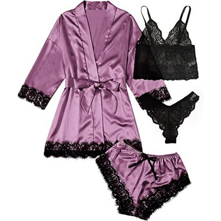 

Women s Satin Pajamas Set 4-piece Floral Lace Lace Suspender Underwear Nightdress with Nightgown