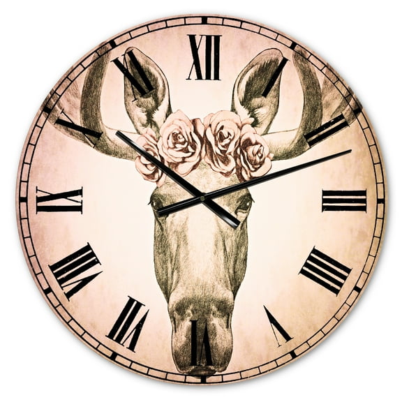 Designart 'Designart Moose with Floral Head Wreath' Traditional wall clock