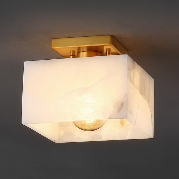 JONATHAN Y Alessia 8" 1-Light Modern Contemporary Alabaster/Iron Square LED Semi Flush Mount, White Marbling/Brass Gold