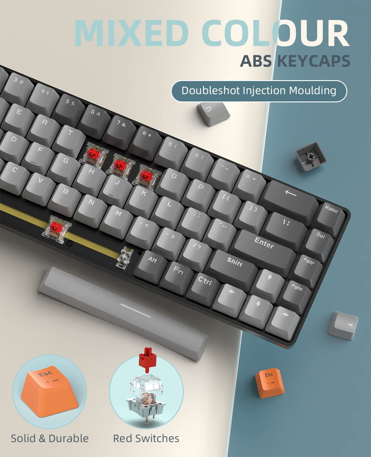 K68 60% Wireless Mechanical Keyboard, Bluetooth 5.0/2.4GHz Compact 68 Keys Red Switch for PC