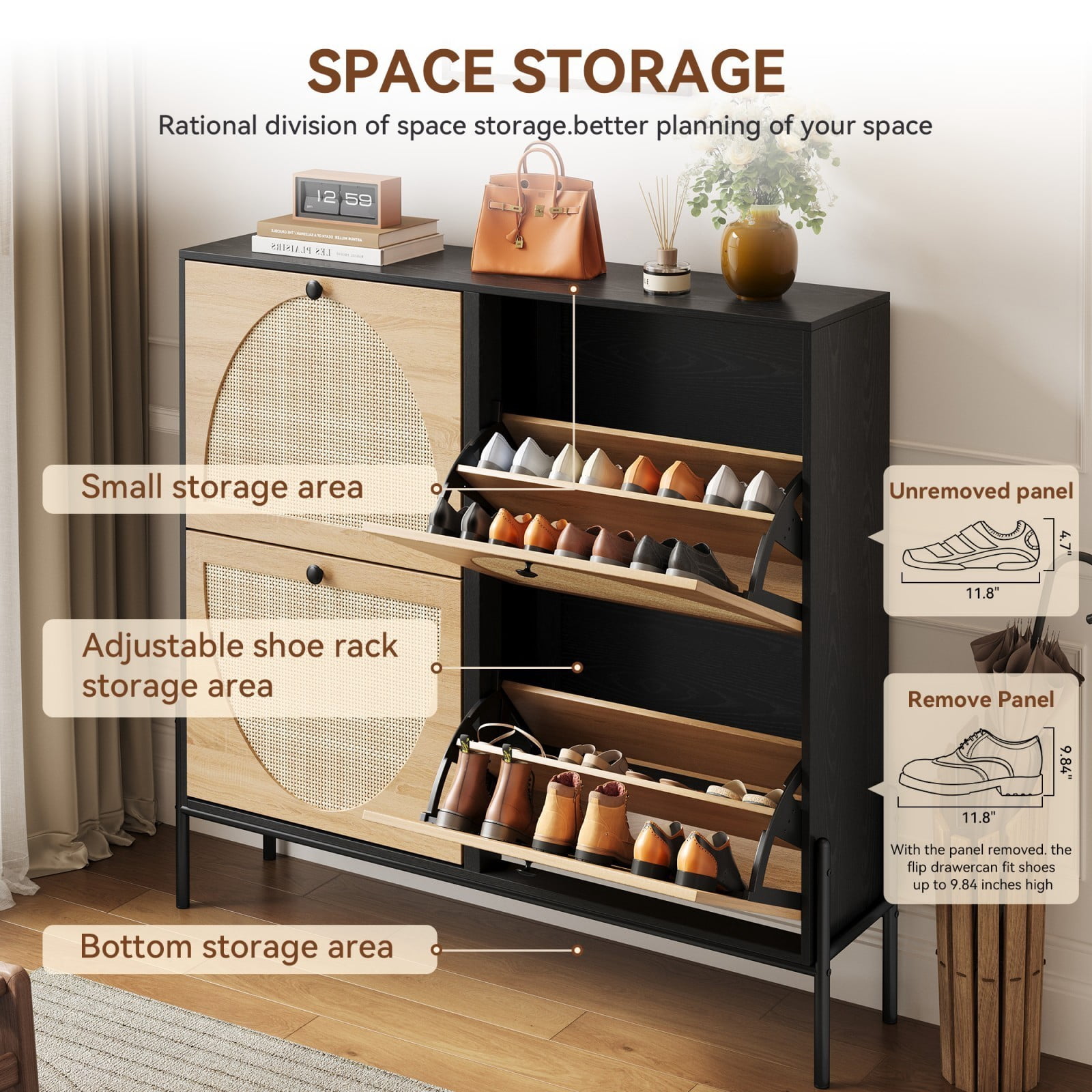 Rattan Shoe Cabinet with 4 Flip Drawers, Narrow Entryway Shoe Storage Organizer for Hallway Living Room, Black