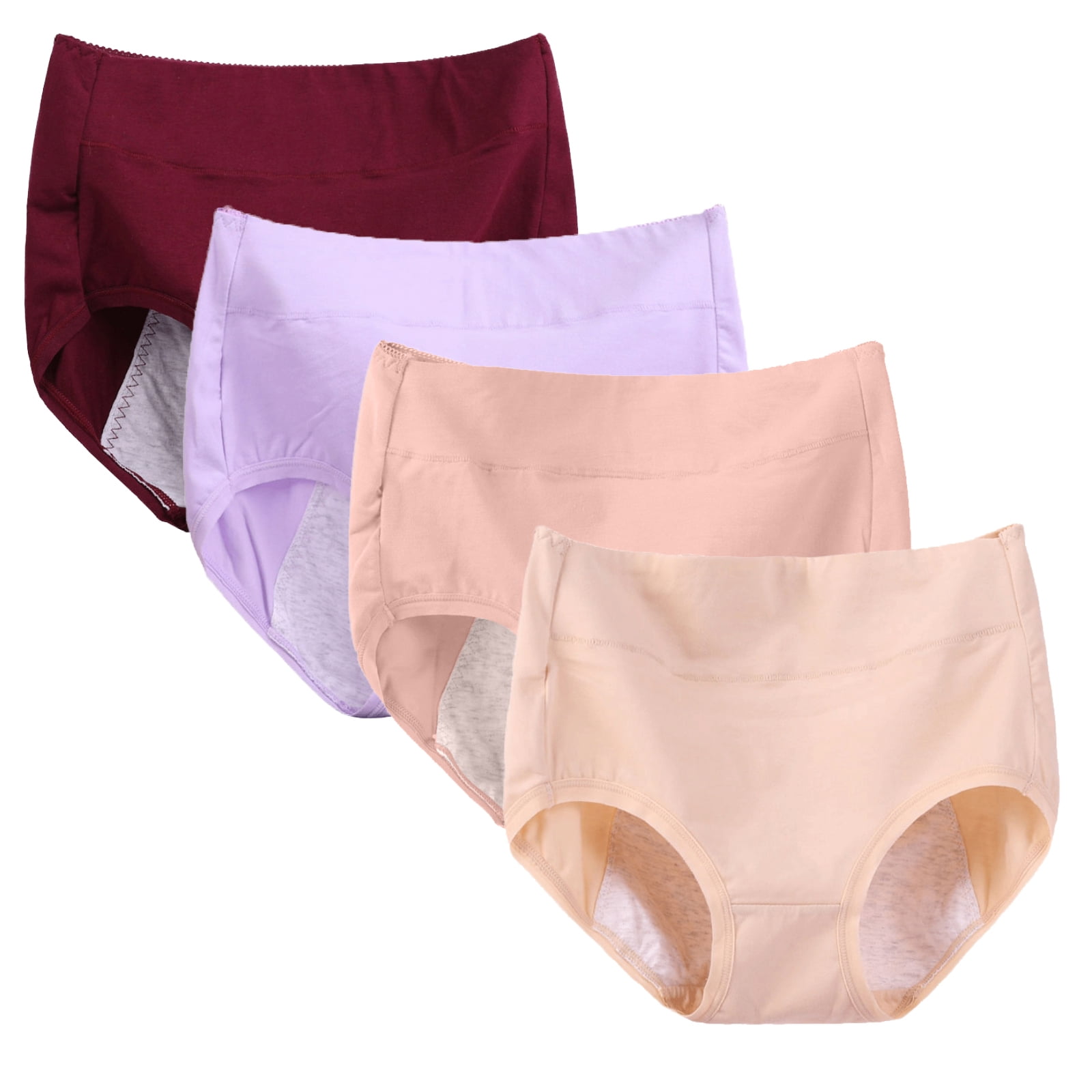 WBQ 4 Pack Plus Size Menstrual Period Underwear for Women Mid Rise Cotton Postpartum Ladies