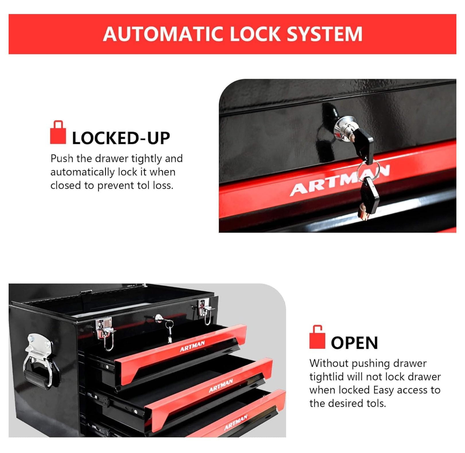 Portable 3 Drawer Tool Box - Metal Tool Box with Drawers for Parts Organizer, General Tool Chest with Metal Closure & Handles for Truck and Cars