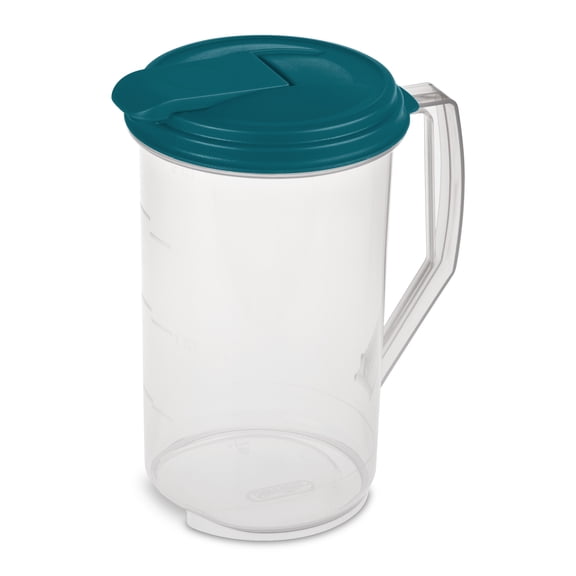 Mainstays 2 Quart Round Pitcher, Clear Plastic with Flip-Top Spout, Handle and Measure Marks, BPA-Free, Teal Lid