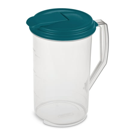 Mainstays 2 Quart Round Pitcher, Clear Plastic with Flip-top Spout, Handle and Measure Marks, BPA-Free, Teal Lid