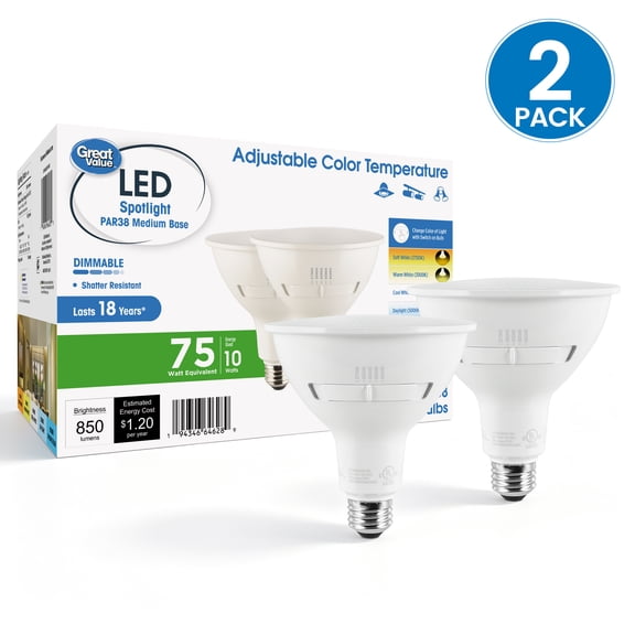 Great Value PAR38 LED Flood Light Bulbs, 12W, 75W Equivalent, 5ACT Selectable CCT, Dimmable, E26, 2-Pack