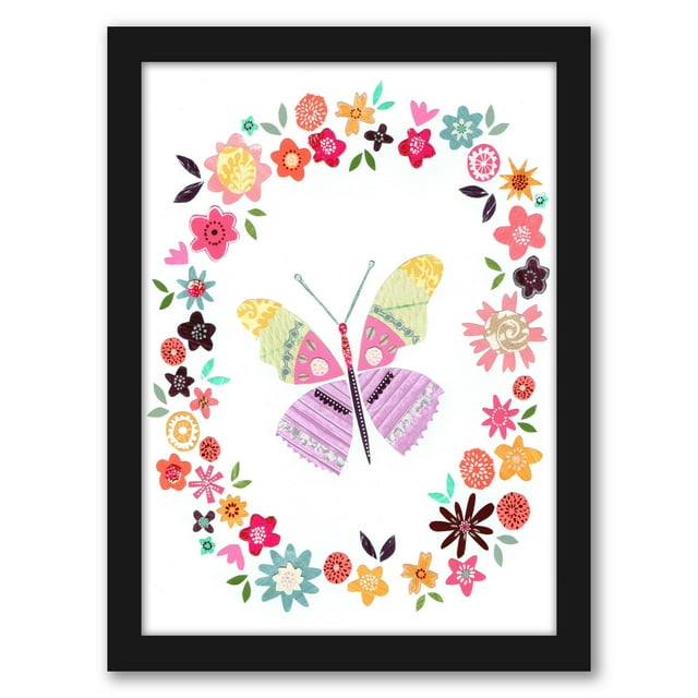 Americanflat Pretty Pink Butterfly In Flower Frame by Liz And Kate Pope Black Frame Wall Art