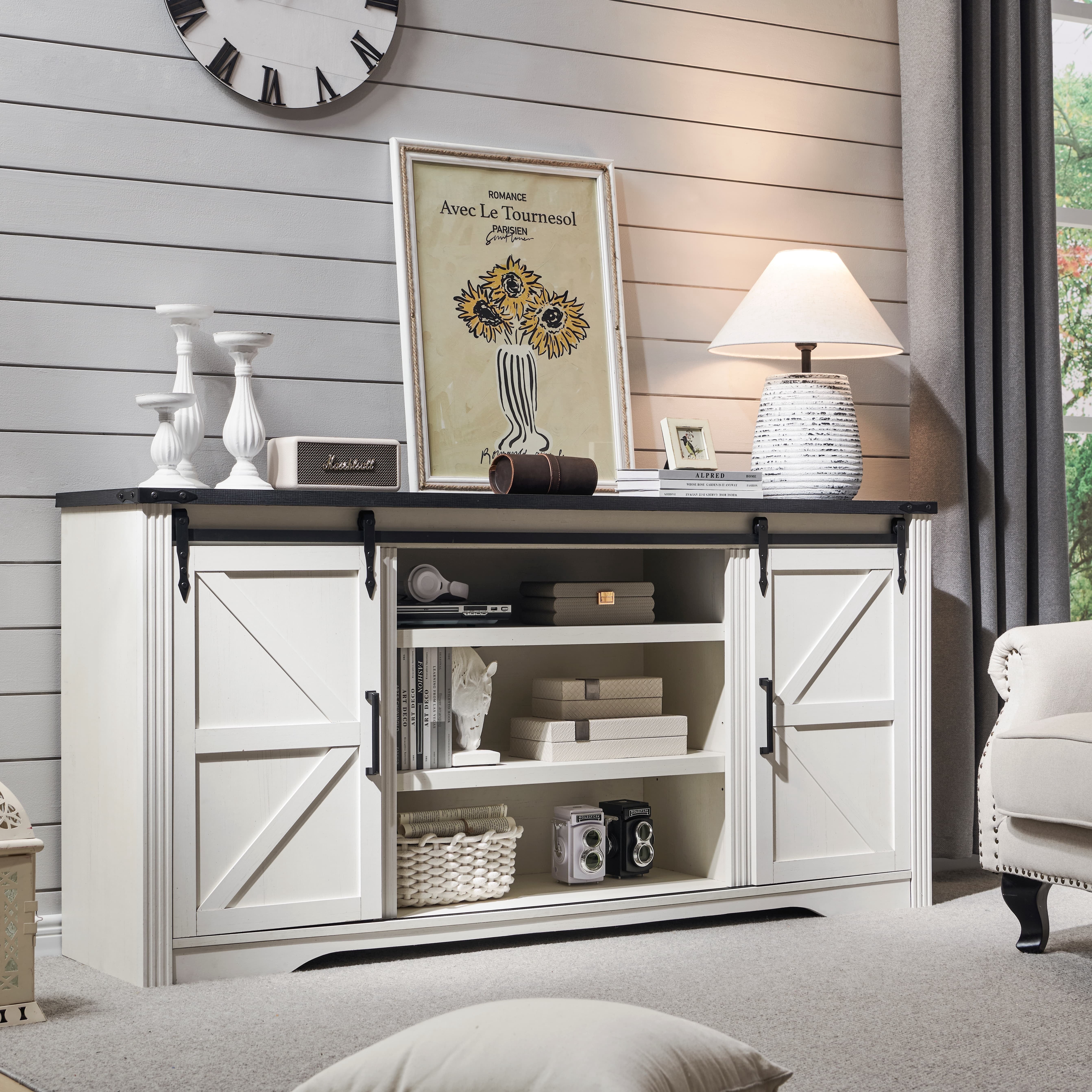 T4TREAM Farmhouse TV Stand for TVs up to 75" - Wood Entertainment Center with 4 Drawers & Barn Door & Adjustable Shelves, White