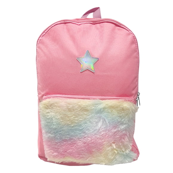 Mochila Rosa Peluche Arcoíris para Niñas Primaria Preescolar con Estrella Holográfica Kawaii