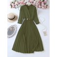 thumbnail image 5 of Olive Green Wrap Maxi Dress With Pleated Skirt, Belted Waist, V-Neck, Long Sleeve, 5 of 8