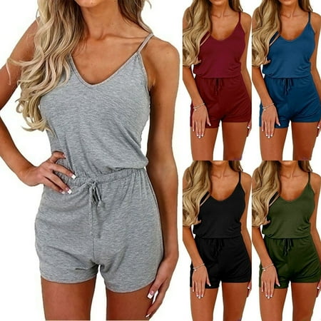Cotton Two Piece Romper - Women Fashion Spaghetti Strap Jumpsuits Rompers Summer Casual Slim Fit Drawstring Waist One Piece Suits