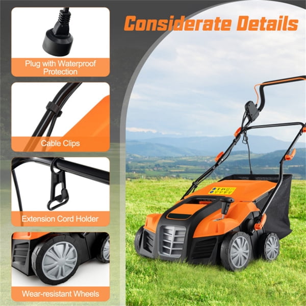 imerelez Corded Electric Lawn Mower:Corded Electric Lawn Dethatcher with 16-Inch Cutting Width, Wear-Resistant Wheels & Large Removable Grass Bag for Home Lawn - Orange