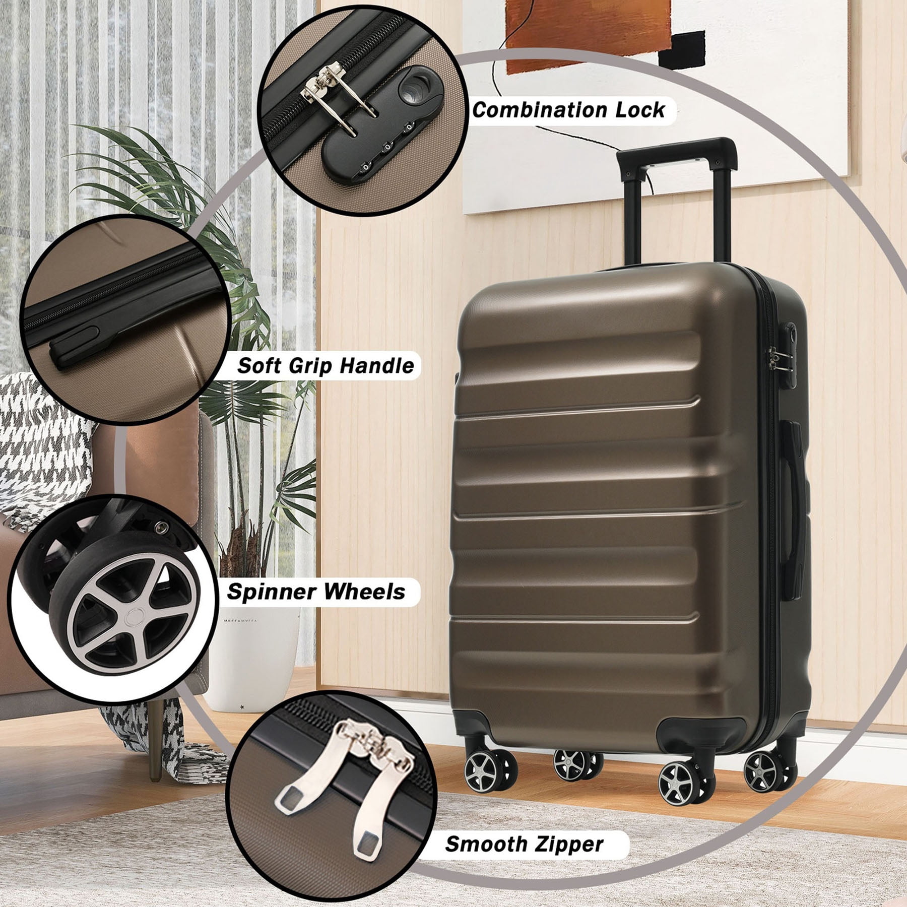 Hardshell ABS Luggage Set in Black 24-Inch Checked Suitcase with Spinner Wheels and Packing Cubes for Travel